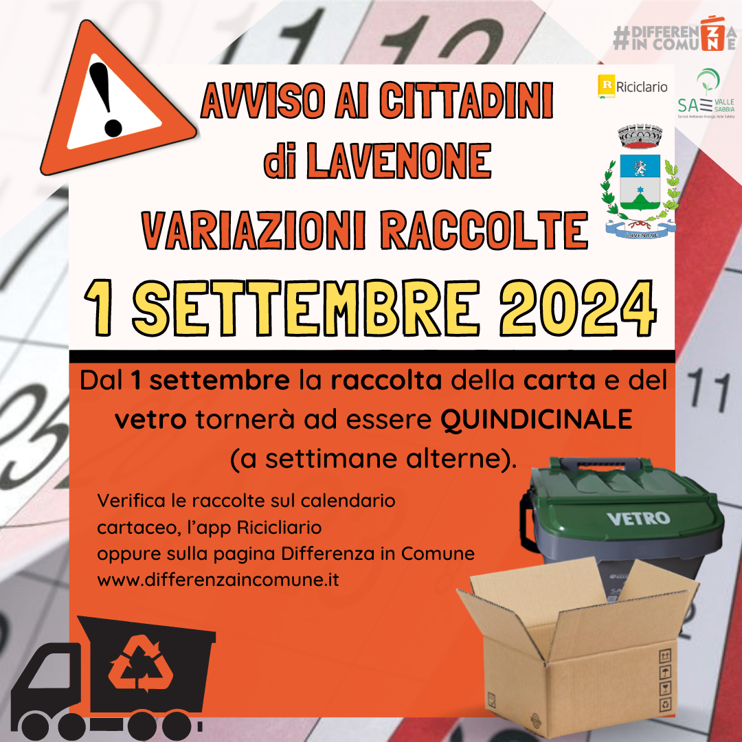 30082024 - Attenzione! Avviso variazione raccolta Comune di Lavenone